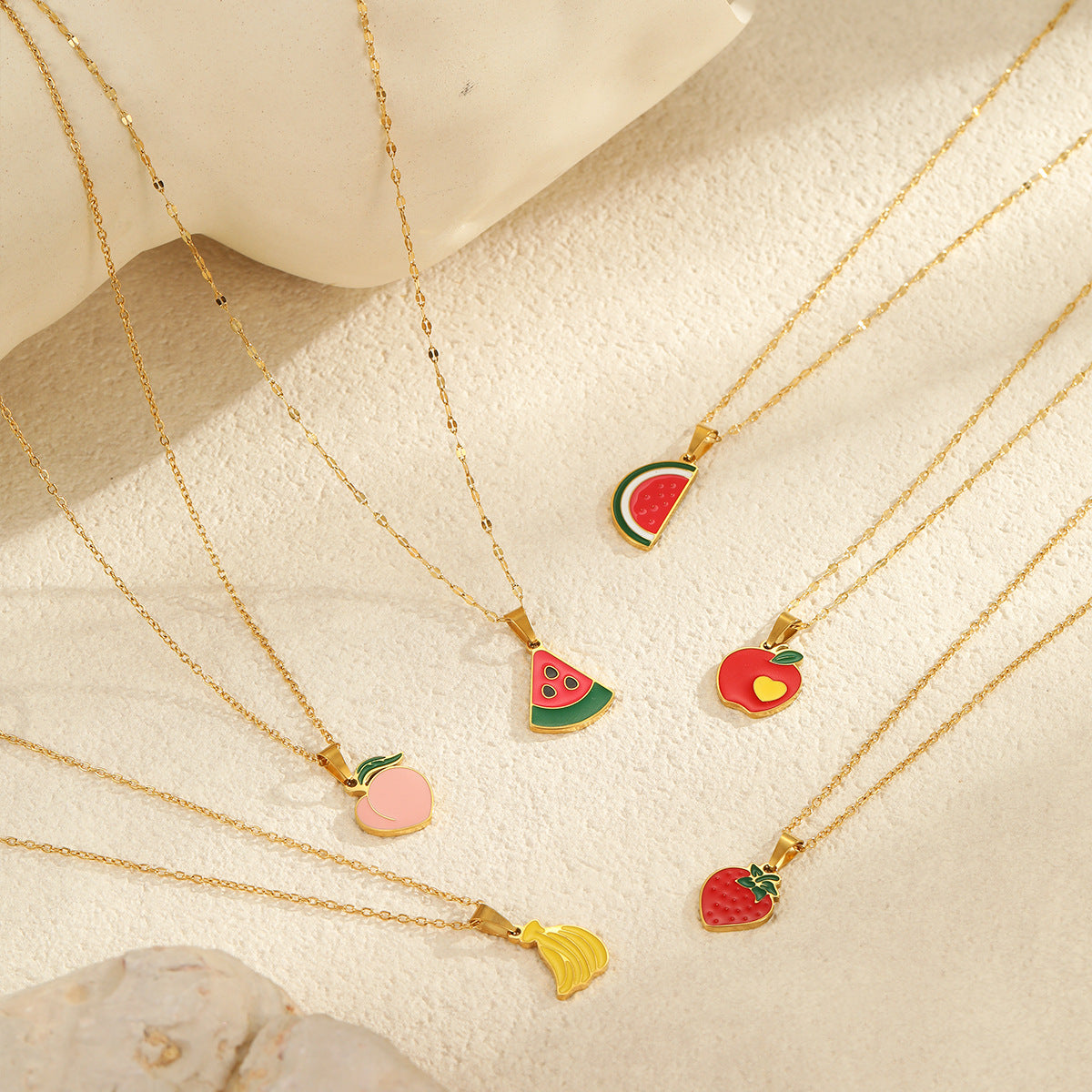 Fashionable Fruit-Shaped Stainless Steel Necklace with Enamel Finish and 18K Gold Plating for Women