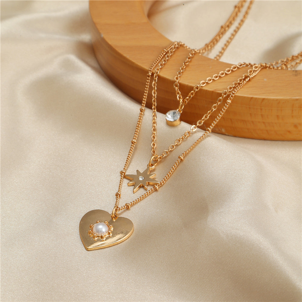 Fashion Gold Plated Alloy Multi-Layer Snake Chain Necklace with Heart and Star Pendants for Women