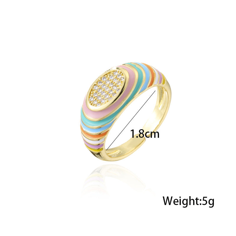 Candy Color Drip Oil Brass Geometric Ring with Micro-set Cubic Zirconia for Women