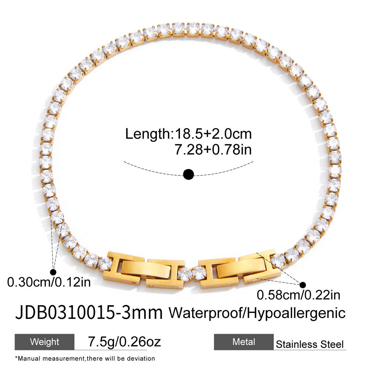 Minimalist Elegant Geometric Stainless Steel Plated Cubic Zirconia Tennis Bracelet for Women