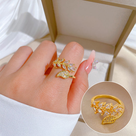 Minimalist Leaf-Shaped Gold-Plated Brass Ring with Zircon Inlay for Women