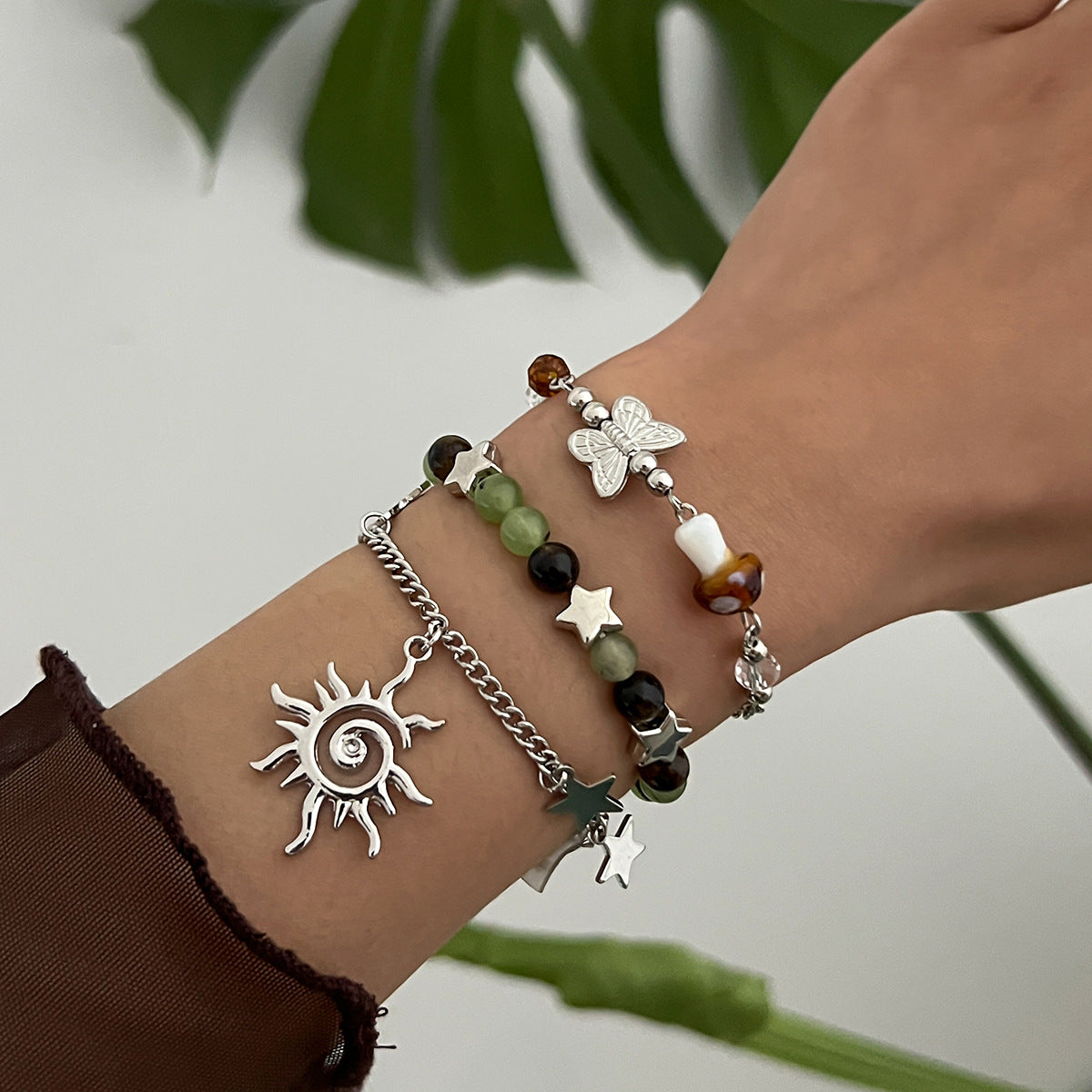 Vintage Ethnic Star-Shaped Alloy Bracelet for Women with Butterfly Mushroom and Botanical Motifs Natural Sun and Star Accents Handmade