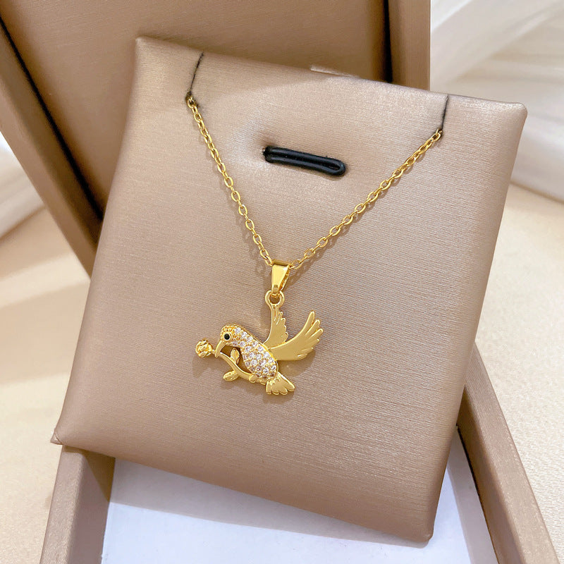 Sweet Elegant Geometric Swallow with Rose Gold Plated Titanium Steel Necklace Full Rhinestone Unisex Cable Chain