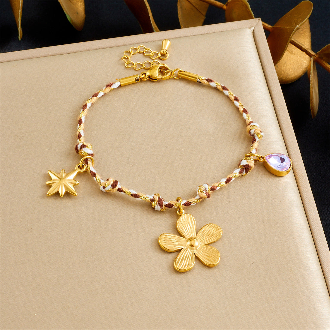 Bohemian Vintage Gold Plated Stainless Steel Charm Bar with Floral Star Moon Elements for Women