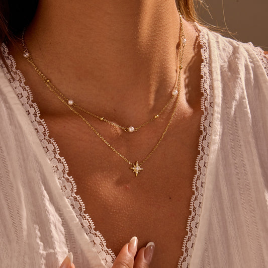 Elegante collar con colgante de estrella de seis puntas de doble capa geométrica de acero inoxidable con incrustaciones de diamantes de imitación y chapado en oro de 18 quilates para mujer