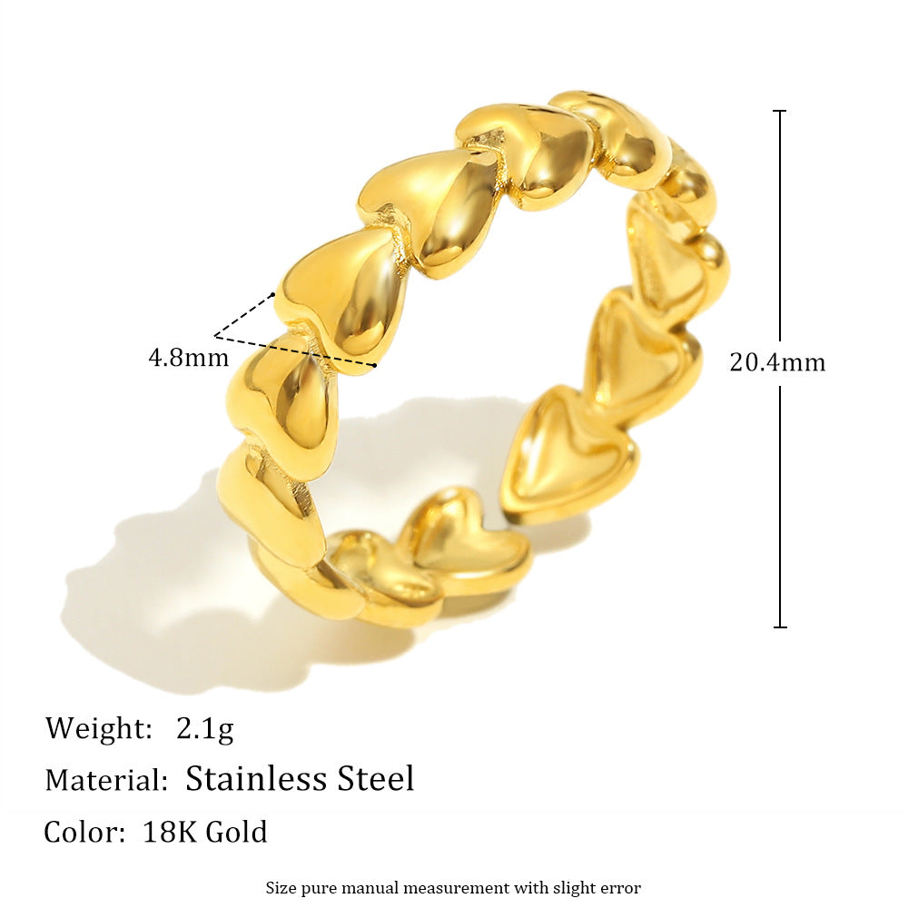 Fashionable Heart-Shaped Stainless Steel Ring with 18K Gold Plating, Hollow Star and Beaded Edge Design, Multi-Layer Zircon Accent, Office-Appropriate Minimalist Jewelry for Women