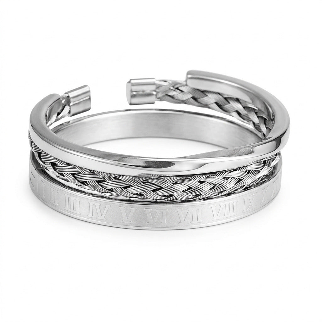 Punk Geometric Round Letter Titanium Steel Plated Open Cuff Bracelet Set for Unisex