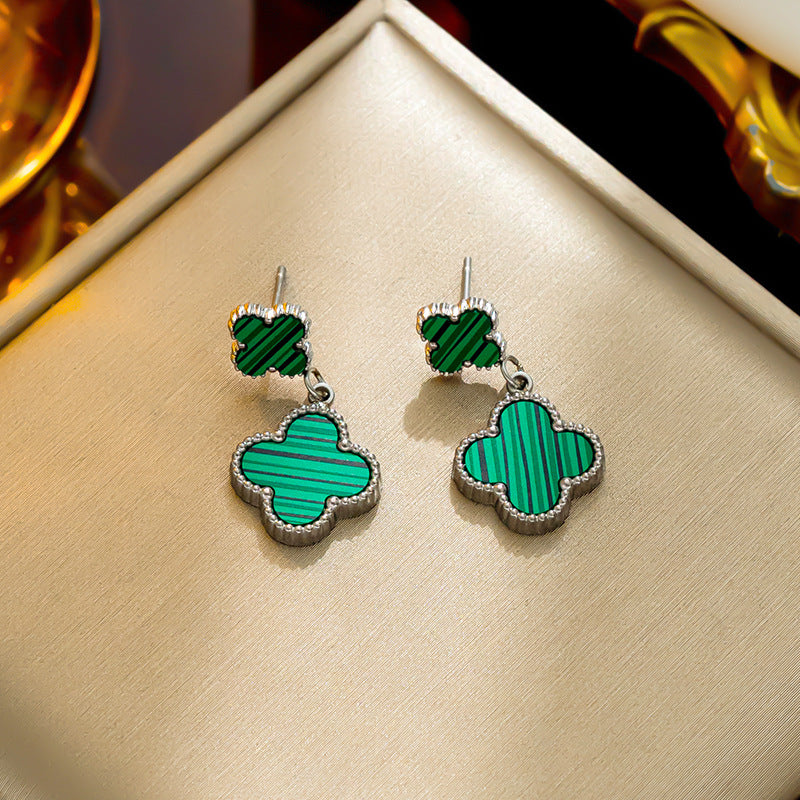 Minimalist Four-Leaf Clover Dangle Stud Earrings in Titanium Steel with Electroplated Finish for Women