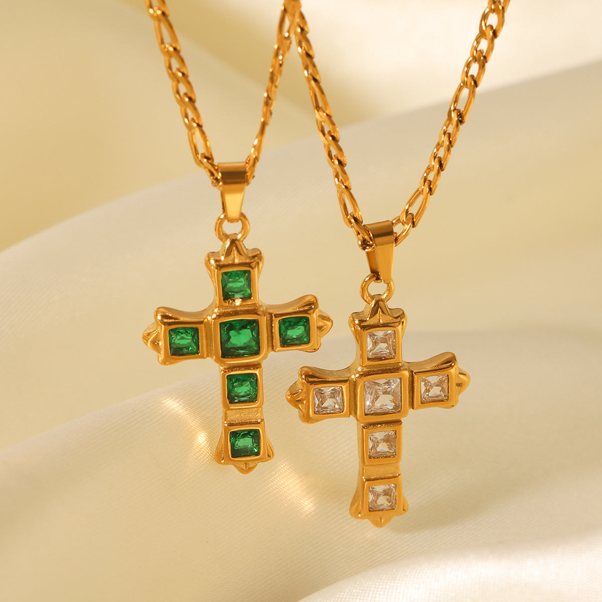 Minimalist Cross Pendant Necklace in Stainless Steel with Zircon Inlay on Figaro Chain for Women