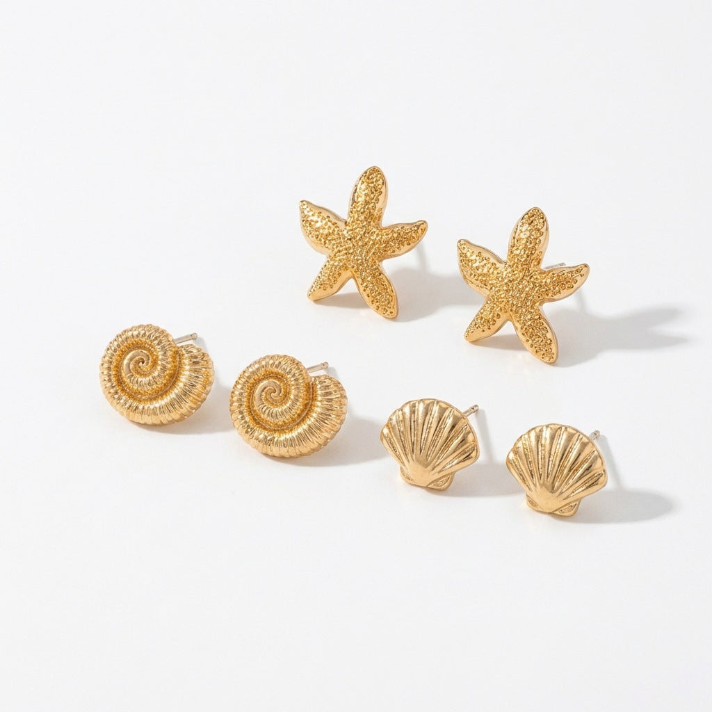 Elegant Alloy Starfish and Pearl Stud Earrings with Shell Elements