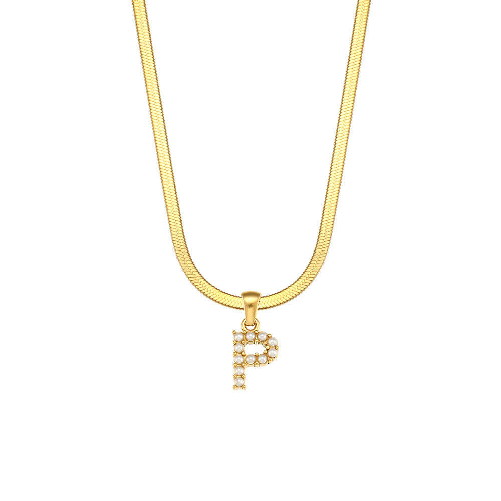 Fashionable Letter Pendant Necklace for Women Stainless Steel Plated 18K Gold Flat Snake Chain with Pearl Accent