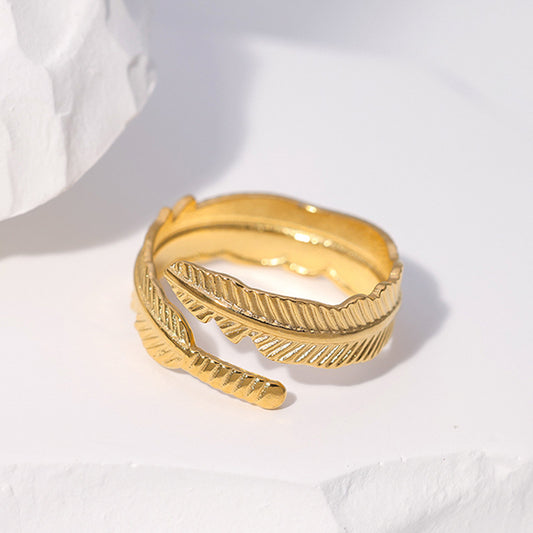 Minimalist Feather-Shaped Titanium Steel Adjustable Open Ring for Women with Plated Finish
