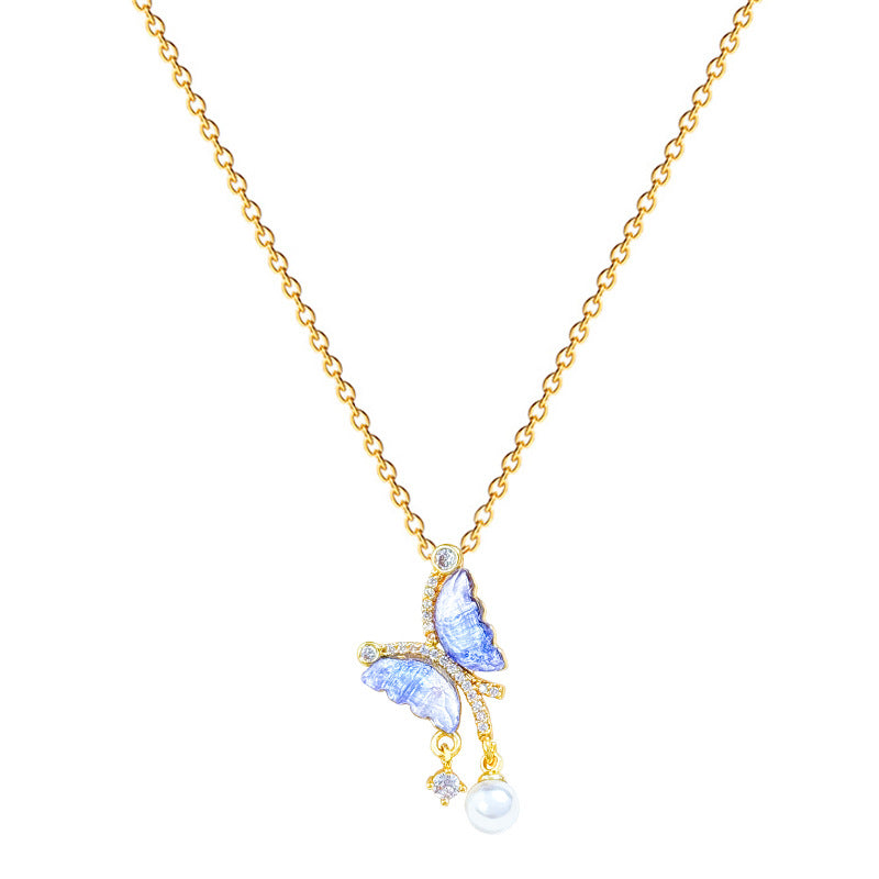 Collana da donna in acciaio inossidabile a forma di farfalla blu in stile cartone animato, con perle e strass