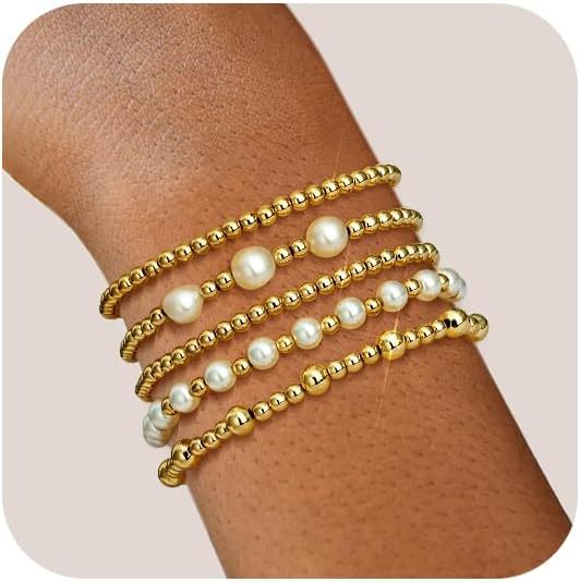 Elegant Gold Plated Hematite Elastic Bracelet with Baroque Imitation Pearls Geometric Multi-Layer Design for Women