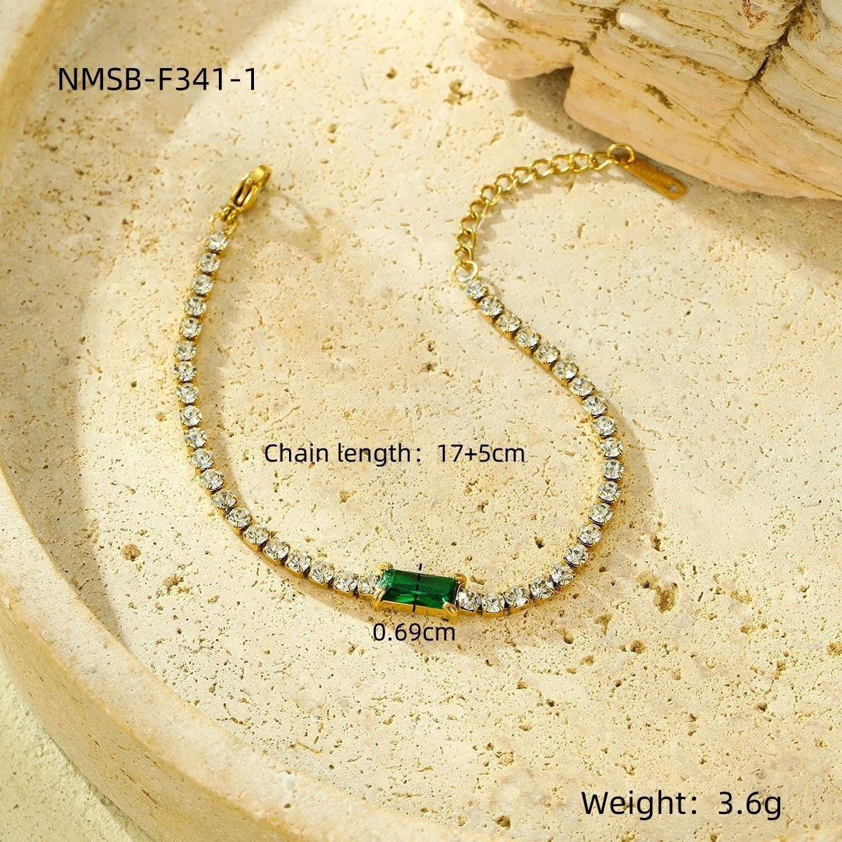 Bracciale da donna placcato oro 18 carati con zircone verde a forma di rettangolo, in acciaio inossidabile