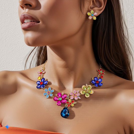 Conjunto de collar y pendientes de aleación con gota de agua, diseño floral vintage con colgante de diamantes de imitación y acrílico