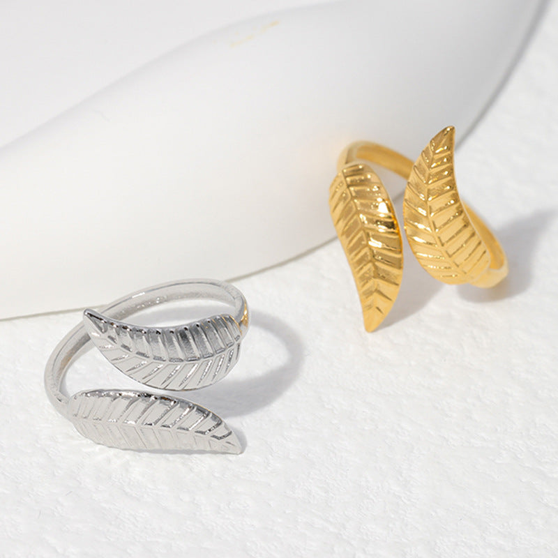 Minimalist Leaf-Shaped Stainless Steel Open Ring for Women with Plated Finish