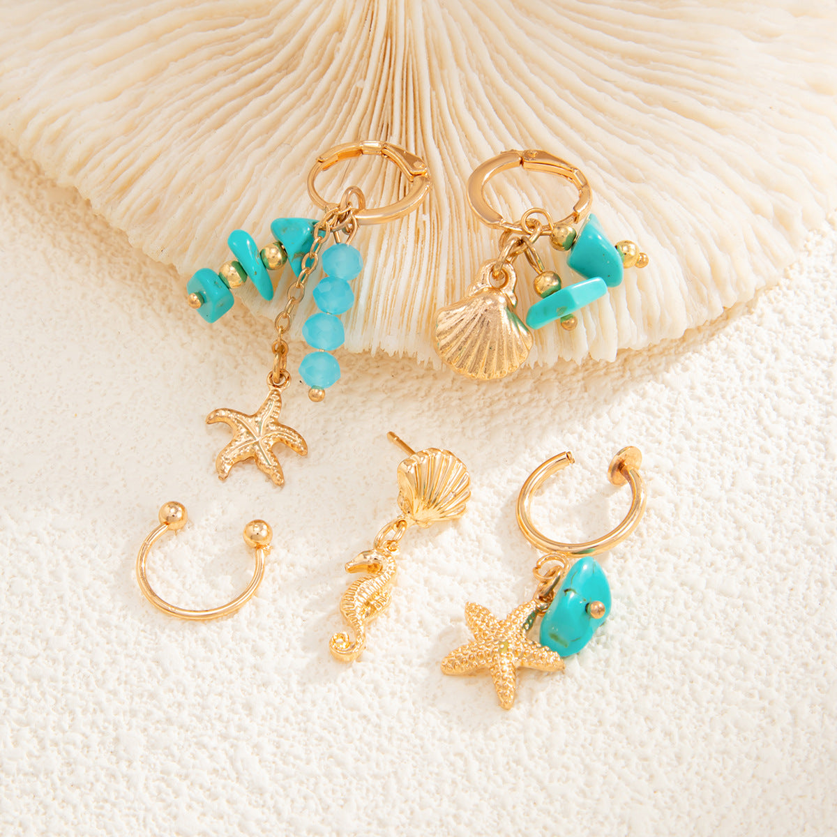 Pendientes geométricos con forma de estrella y borla, estilo retro vacaciones, con colgante turquesa, para mujer