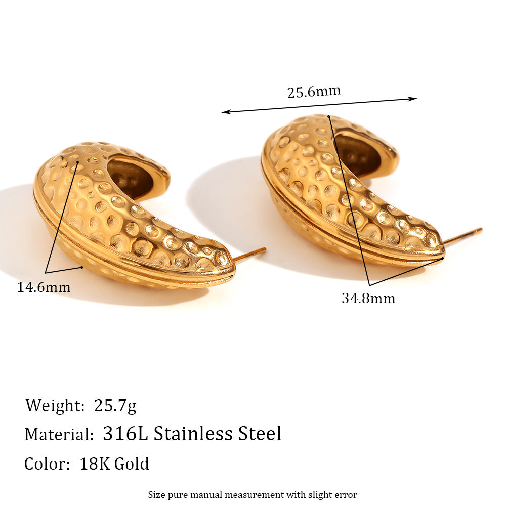 Fashionable Geometric Stainless Steel Ear Studs with 18K Gold Plating and Hammered Peanut Shell Texture for Women