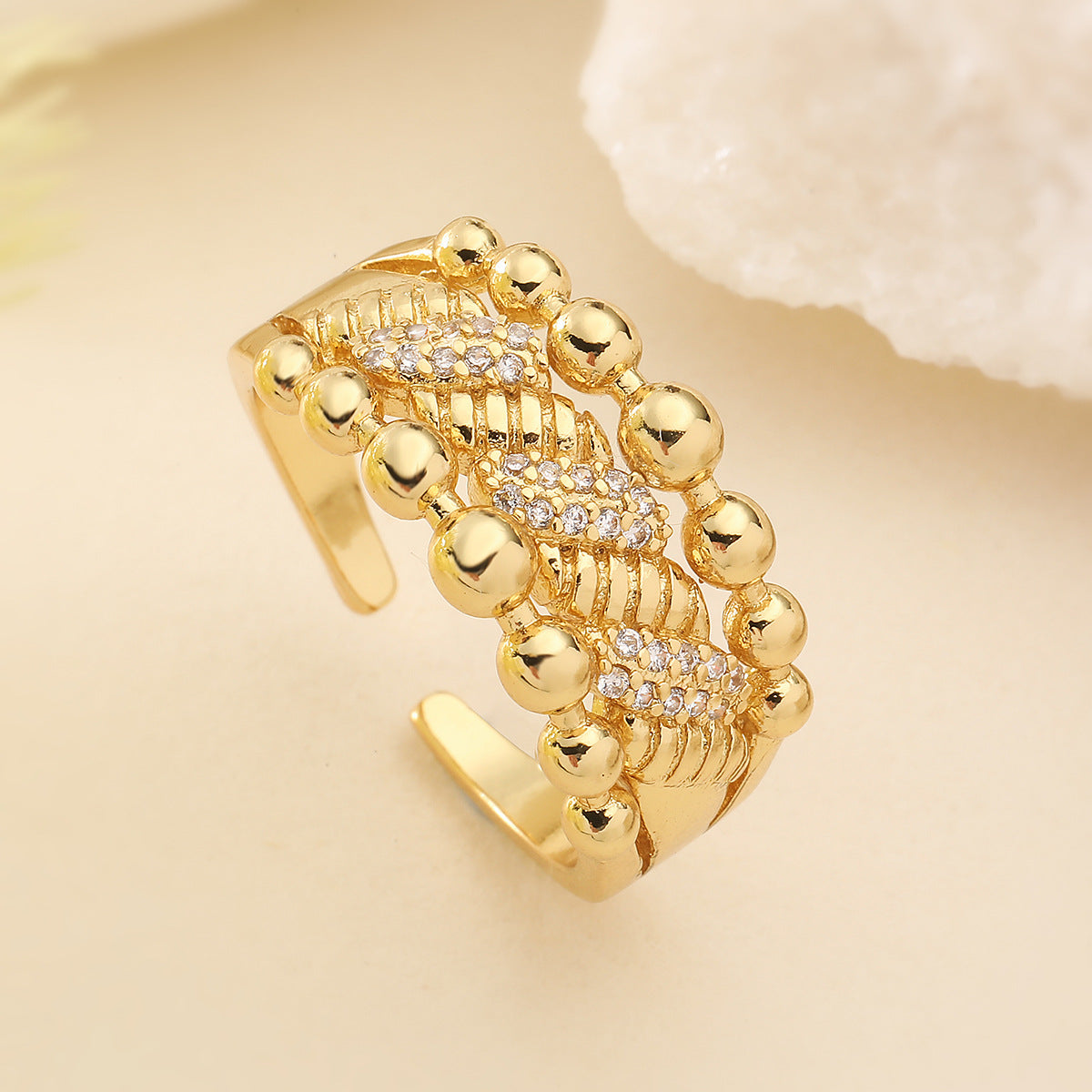 Geometric Open Ring for Women with Zircon Inlay and Electroplated Copper Finish, Fashionable Minimalist Statement Jewelry