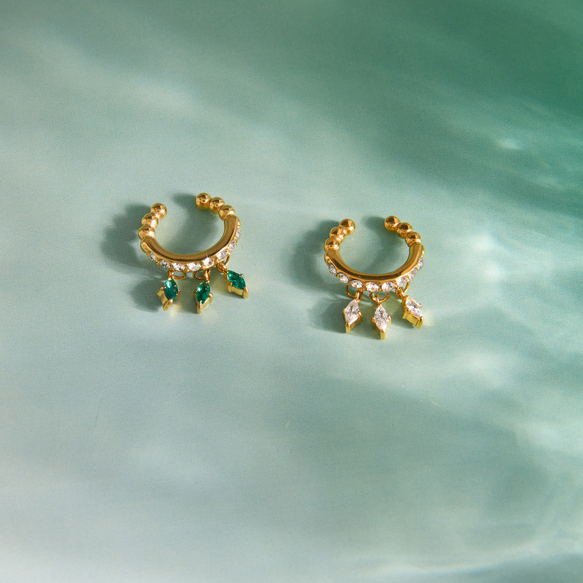 Elegant Green Cubic Zirconia Geometric Square Plated Stainless Steel Tassel Clip-on Earrings for Women