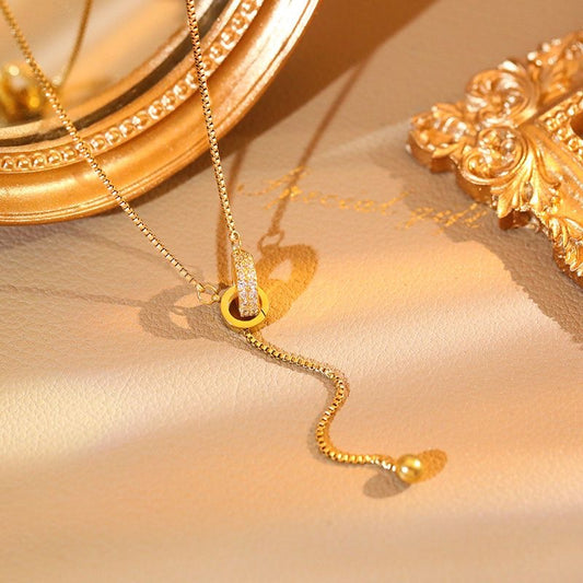 Elegant Minimalist Double Ring U-Shape Titanium Steel Plated Rhinestone Tassel Necklace for Women