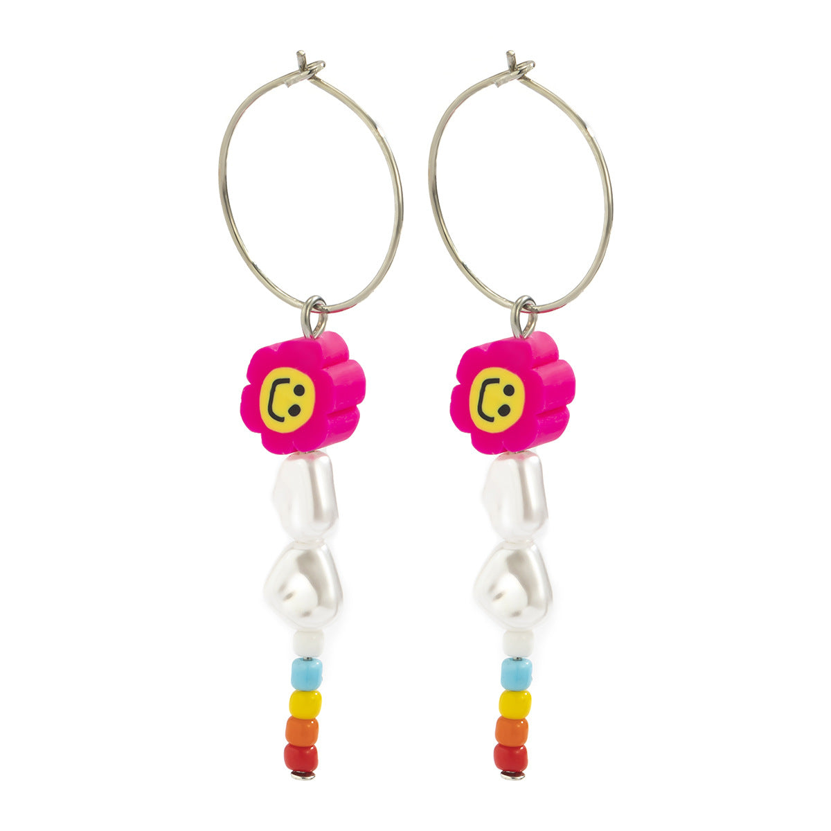 Ethnic Minimalist Geometric Plated Iron Earrings with Colorful Clay Smileys and Rice Beads