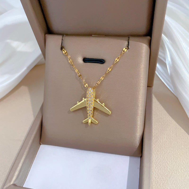 Collar con colgante de avión de lujo con diamantes de imitación, cadena de clavícula geométrica de acero de titanio