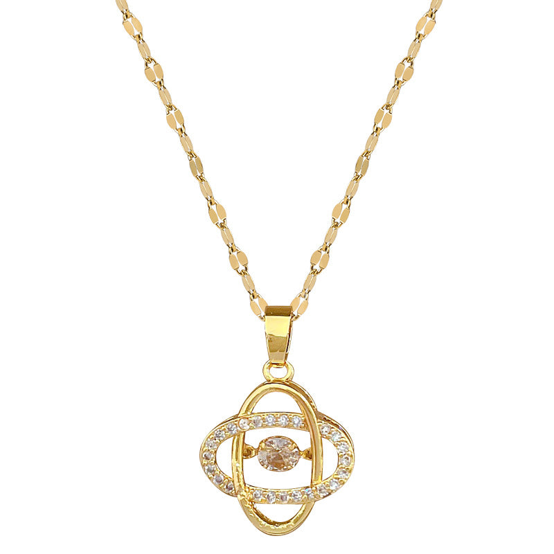 Collana con pendente in acciaio inossidabile di lusso a quadrifoglio per donna con intarsio di strass, design geometrico, catena delicata per clavicola