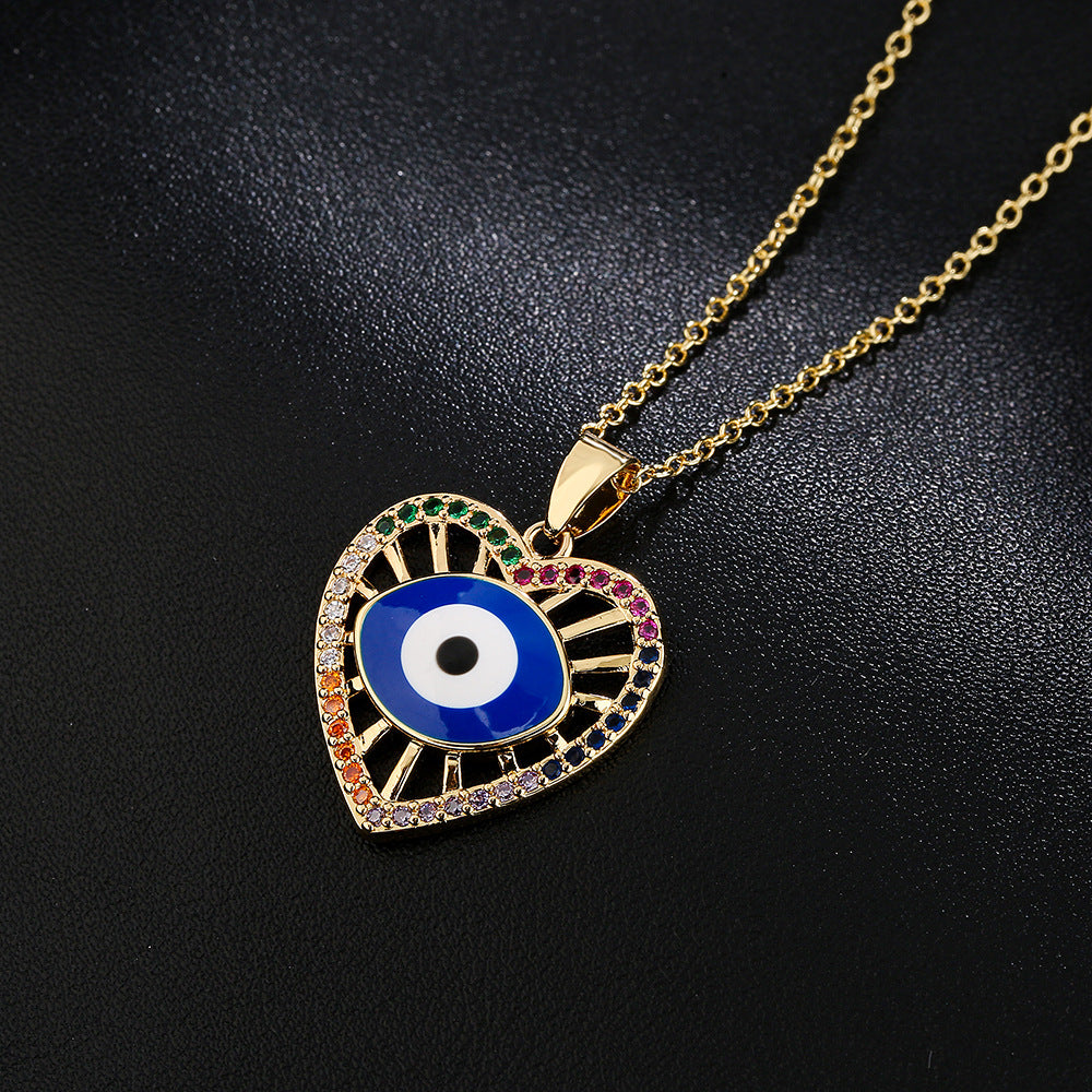 Minimalist Lucky Heart Enamel Evil Eye Pendant Necklace for Women in Brass with 18K Gold Plating and Colored Zircon
