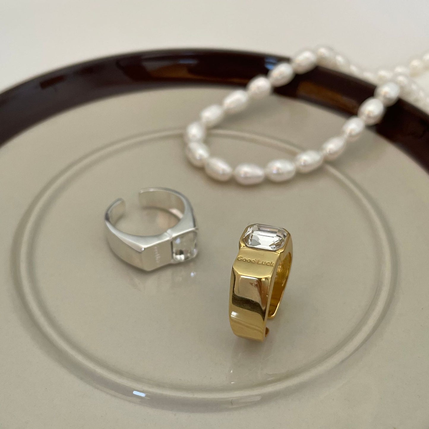 Minimalist Nordic Style Square Shape 925 Sterling Silver Ring with White Rhinestone Inlay for Women