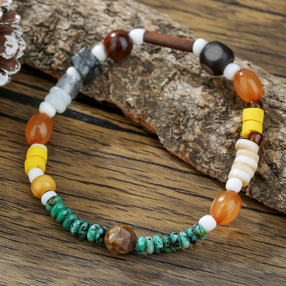 Unique Geometric Round Wood and Agate Beaded Bracelet for Women and Men