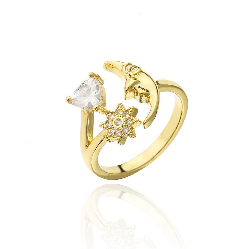 Geometric Star Moon Heart Micro-inlay Cubic Zirconia Brass Ring for Women