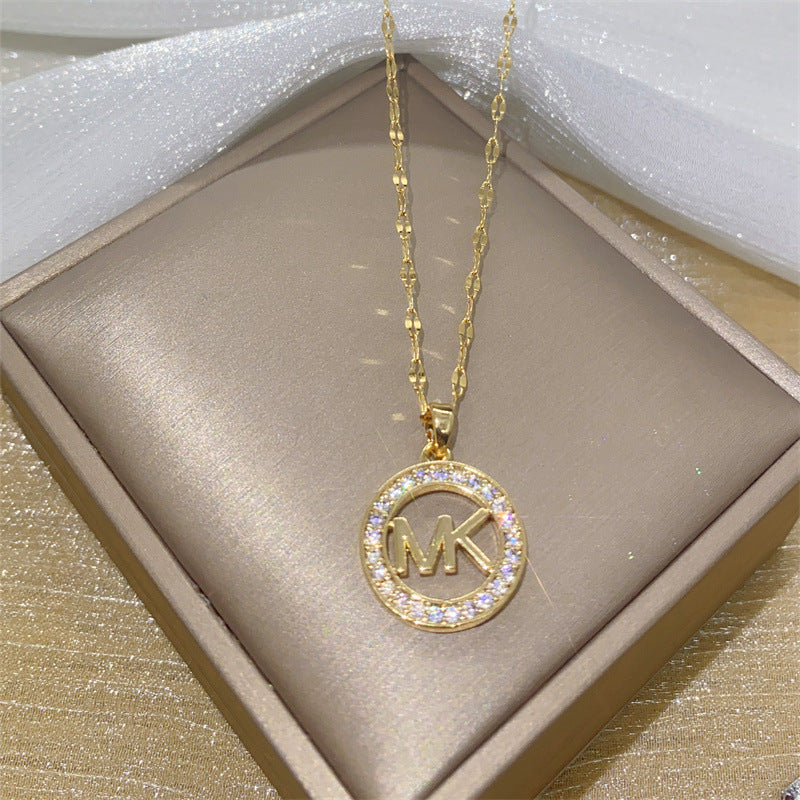 Minimalist Round Letter Pendant Necklace in Titanium Steel with Gold Plating for Women
