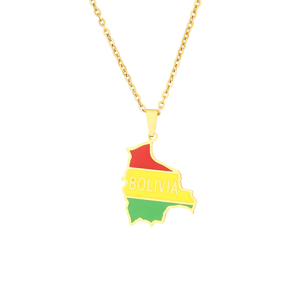 Collana con ciondolo a mappa geometrica etnica della Bolivia in acciaio inossidabile con charm in acciaio al titanio e finitura galvanica su catena O-ring