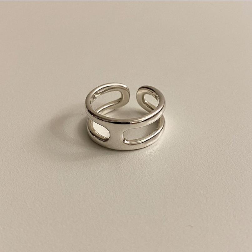 Vintage Geometric Double-Layer H-Shaped Polished 925 Sterling Silver Ring