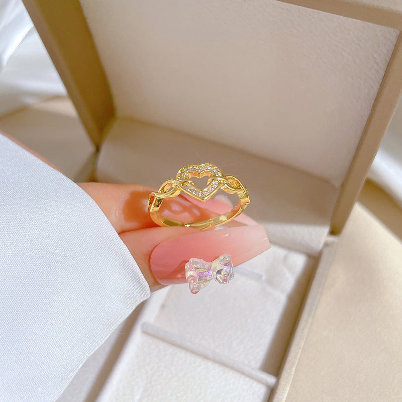 Adjustable Heart Ring with Full Rhinestone Inlay, Plated Brass, Kawaii Fresh and Sweet Style Women's Band Ring