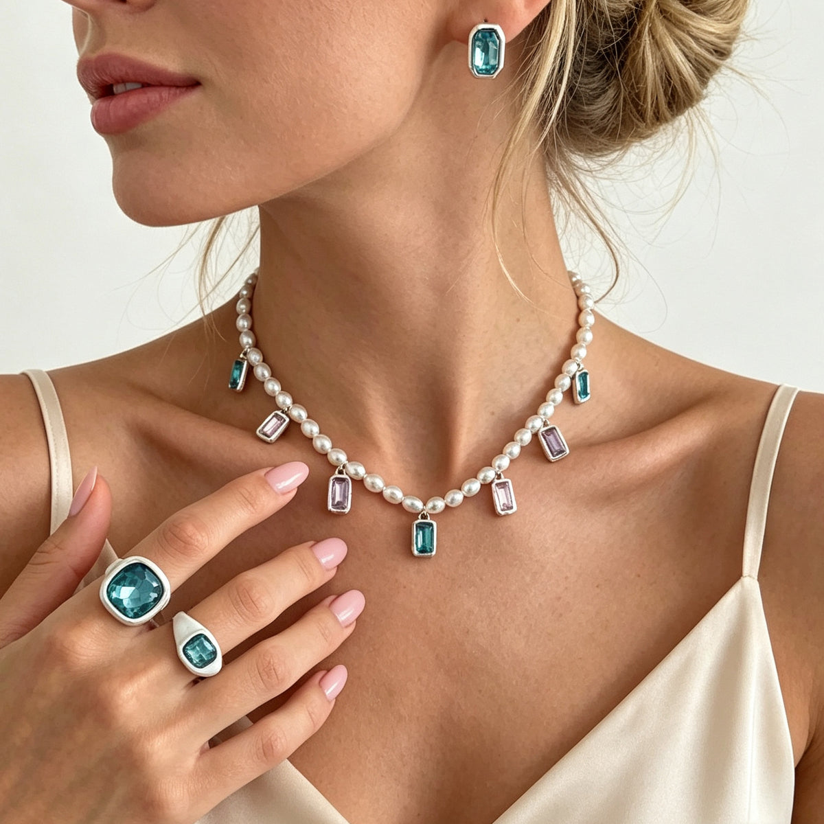 Sweet Oval Geometric Glass Imitation Pearl Plated Necklace for Women