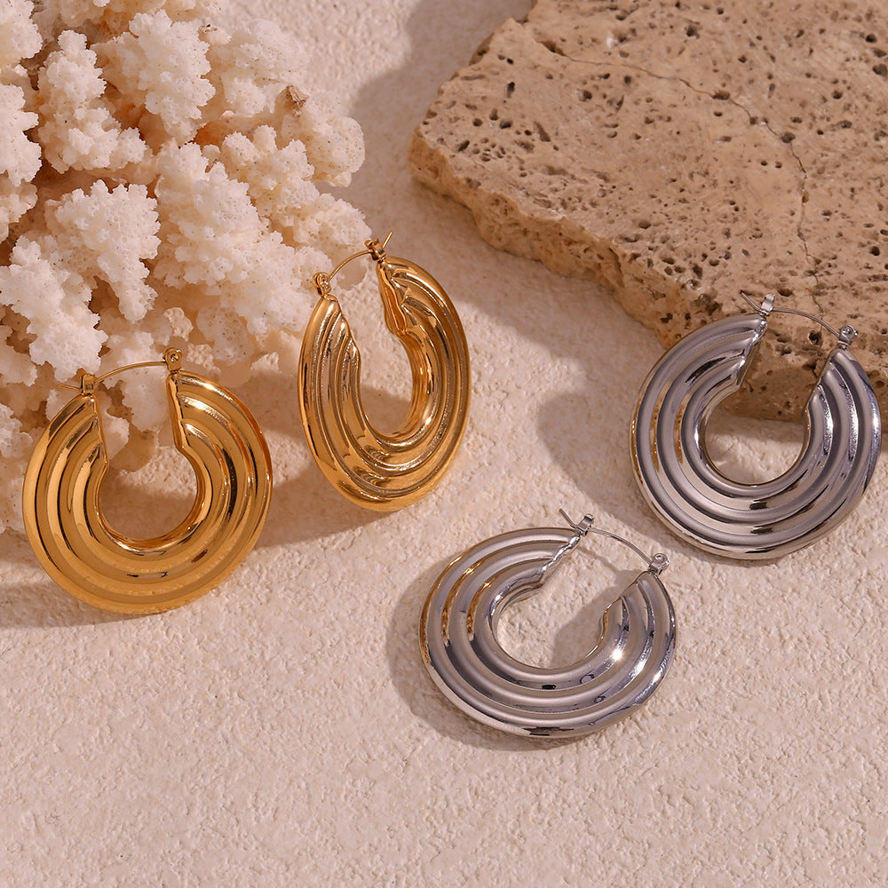 Orecchini a Cerchio Vuoti Geometrici Minimalisti in Acciaio Inossidabile da Donna con Placcatura in Oro 18K e Texture Circolare