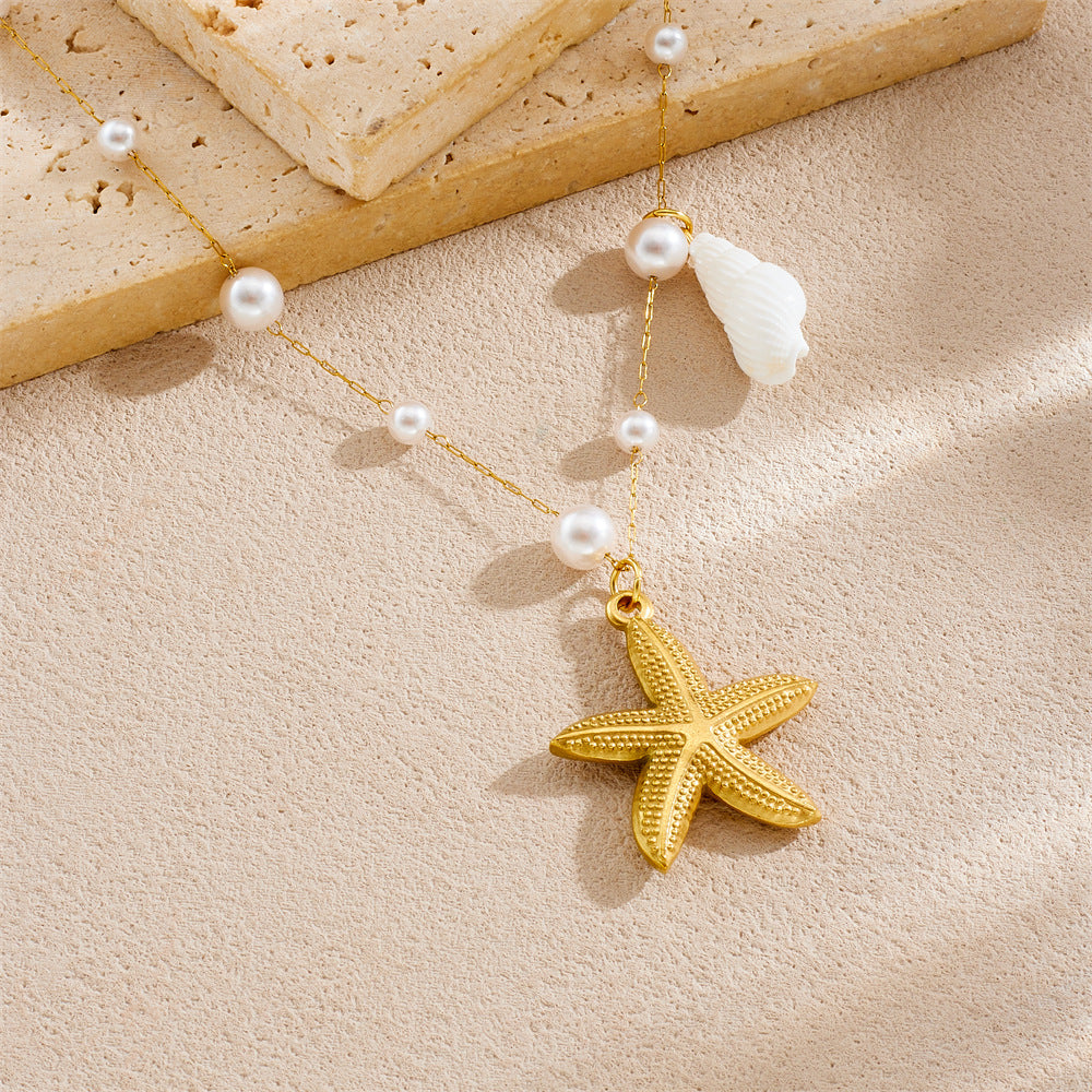 Minimalist Gold Plated Stainless Steel Star Shell Pendant Necklace for Women
