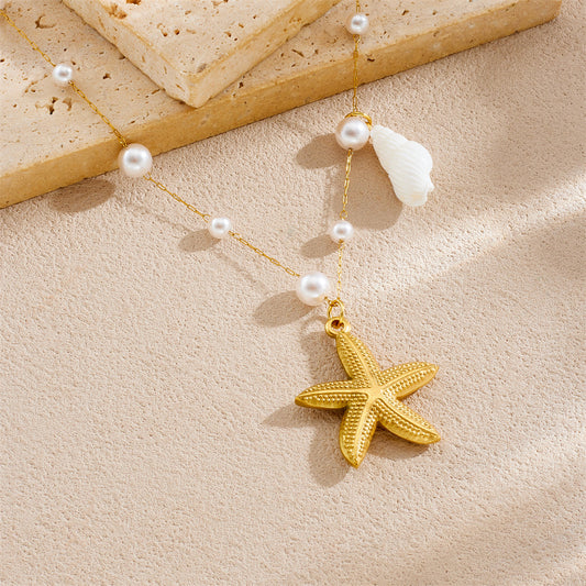 Minimalist Gold Plated Stainless Steel Star Shell Pendant Necklace for Women