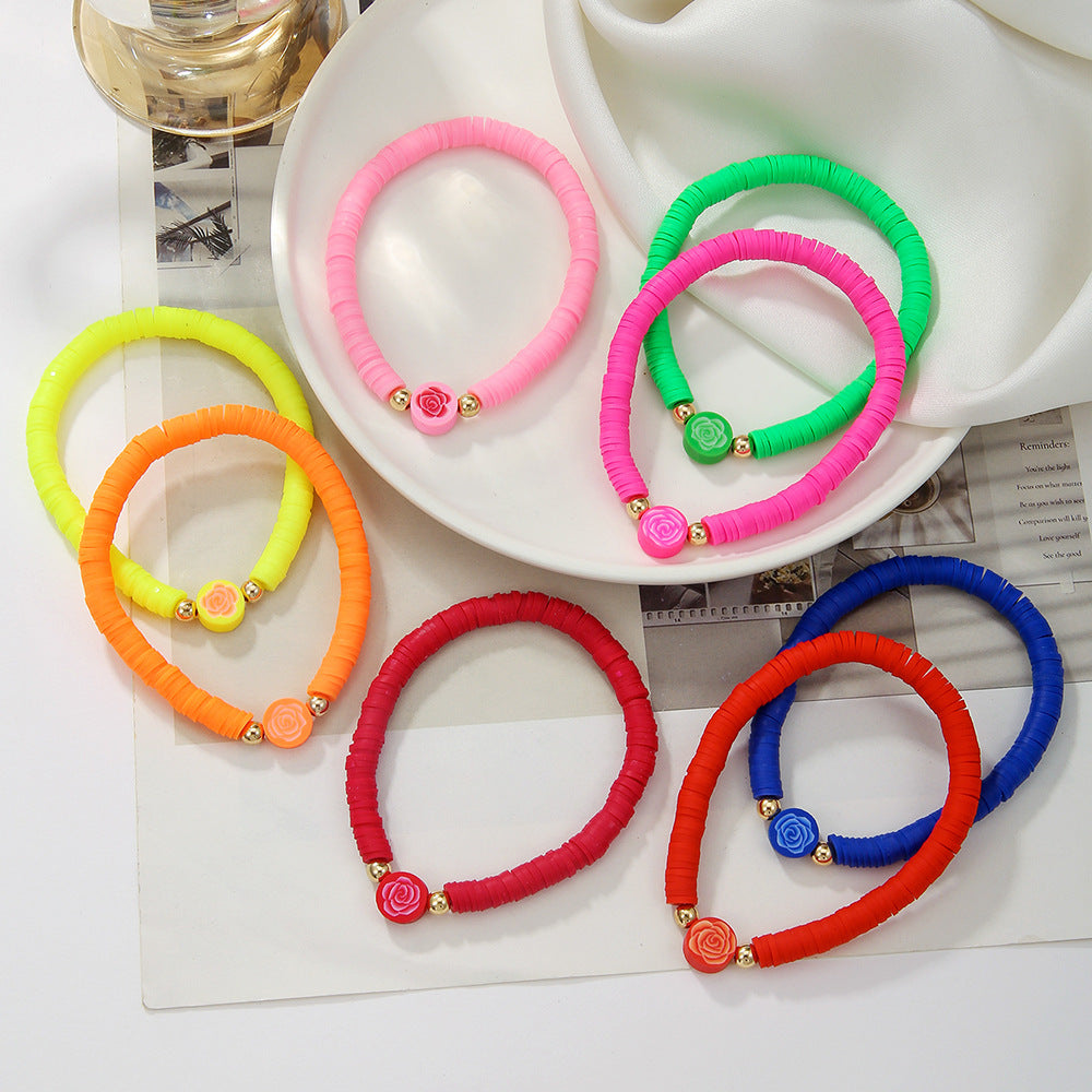 Bohemian Style Floral Polymer Clay Bracelet Set with Elastic Band, Geometric and Vintage-Inspired Handmade Jewelry for Women and Men