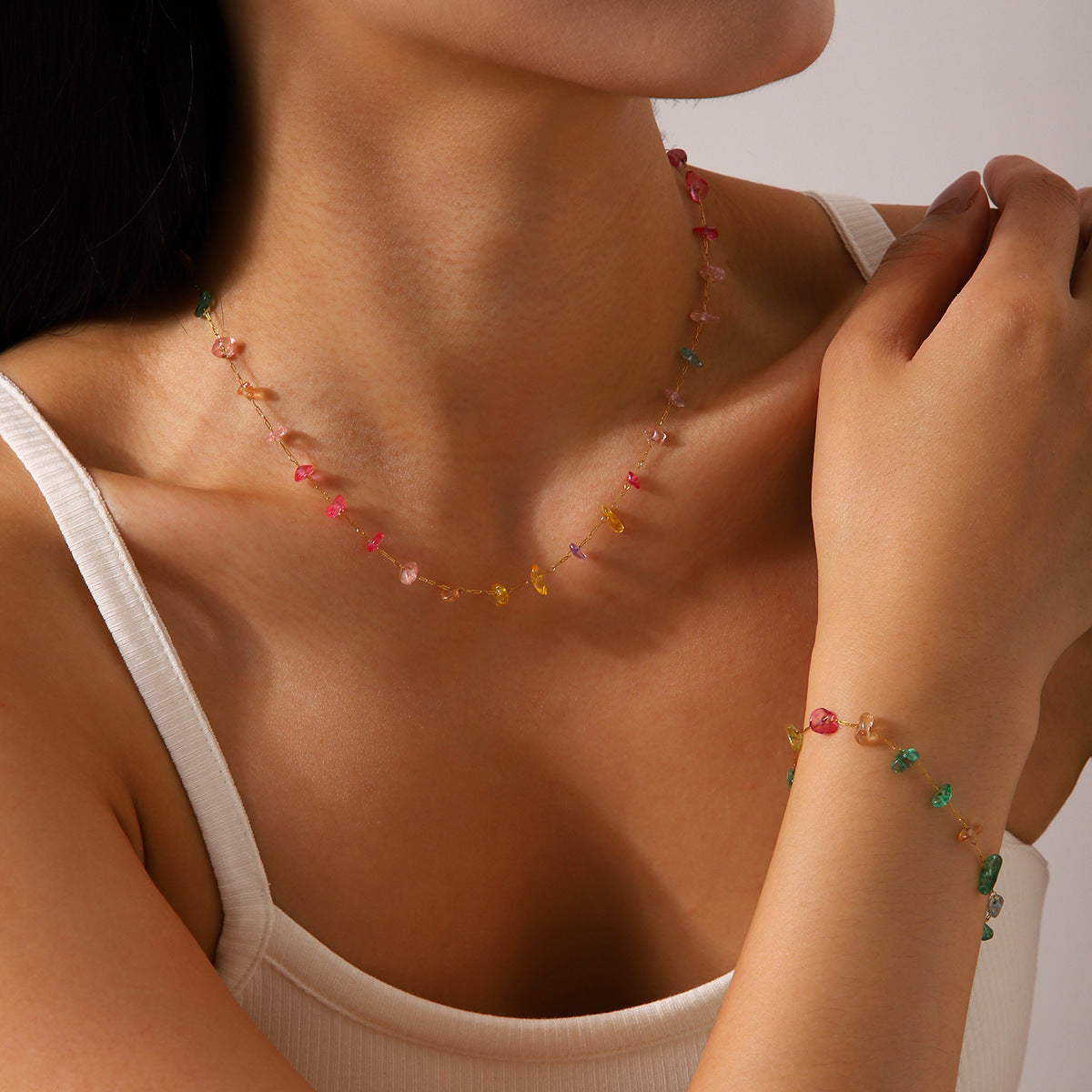 Minimalist Geometric Stainless Steel Plated Necklace for Women with Natural Stone Beads Fashionable Clavicle Chain