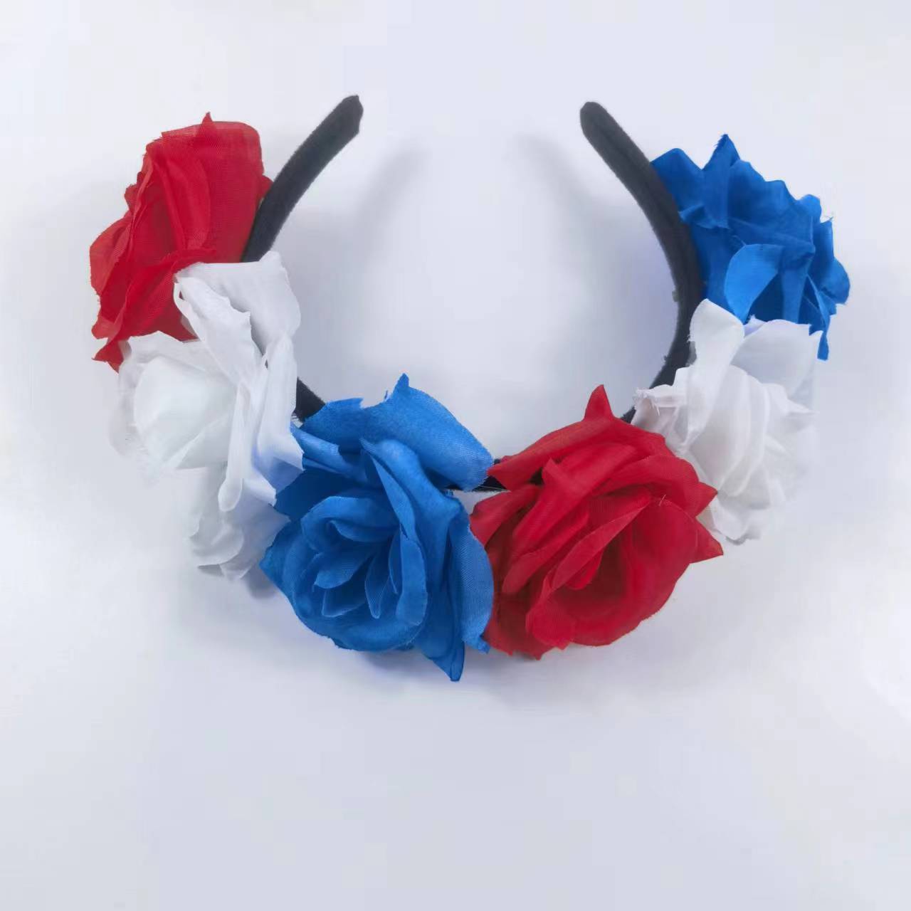 Cerchietto per capelli in tessuto con rose floreali simulato, rosso, bianco, blu, patriottico, per feste
