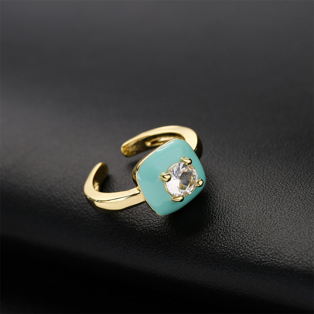Gold Plated Brass Square Ring with Cubic Zirconia Inlay and Drip Oil Detail for Women