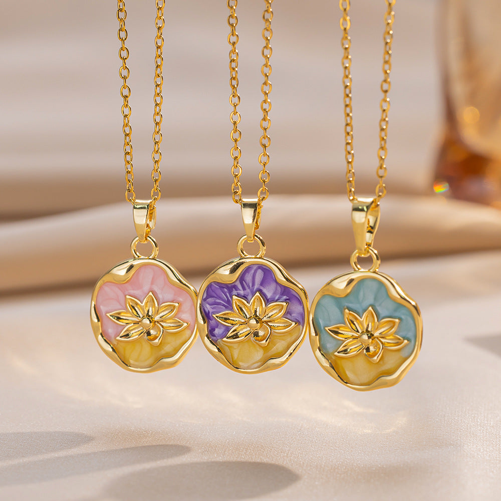 Elegant Lotus Pendant Necklace in Titanium Steel with Enamel Finish, Floral Design, O-Chain, Women's Lightweight Hypoallergenic Jewelry