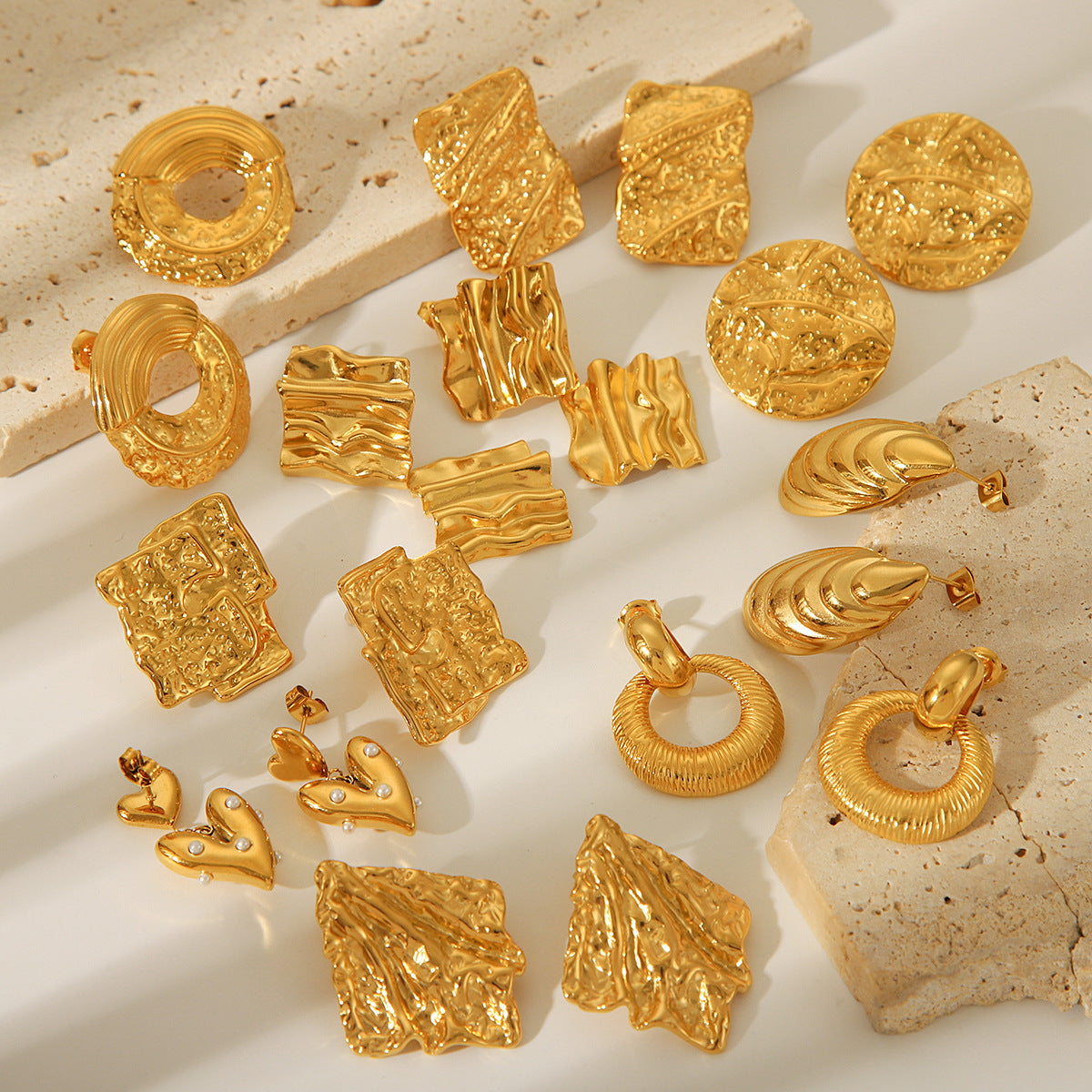 Geometric Stainless Steel Earrings for Women with 18K Gold Plating and Hammered Texture Titanium Steel Finish