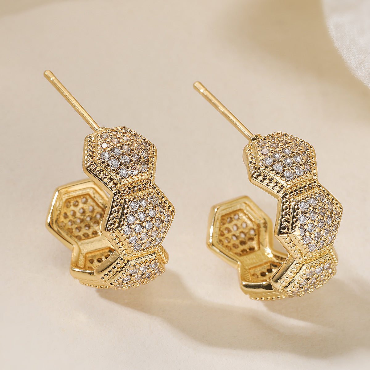 Minimalist Elegant Geometric C-Shaped Gold Plated Brass Earrings with Cubic Zirconia for Women