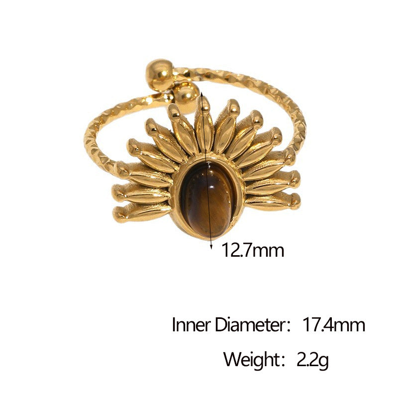 Anello minimalista da donna in acciaio inossidabile placcato oro 18 carati a forma di fiore con intarsio in pietra naturale