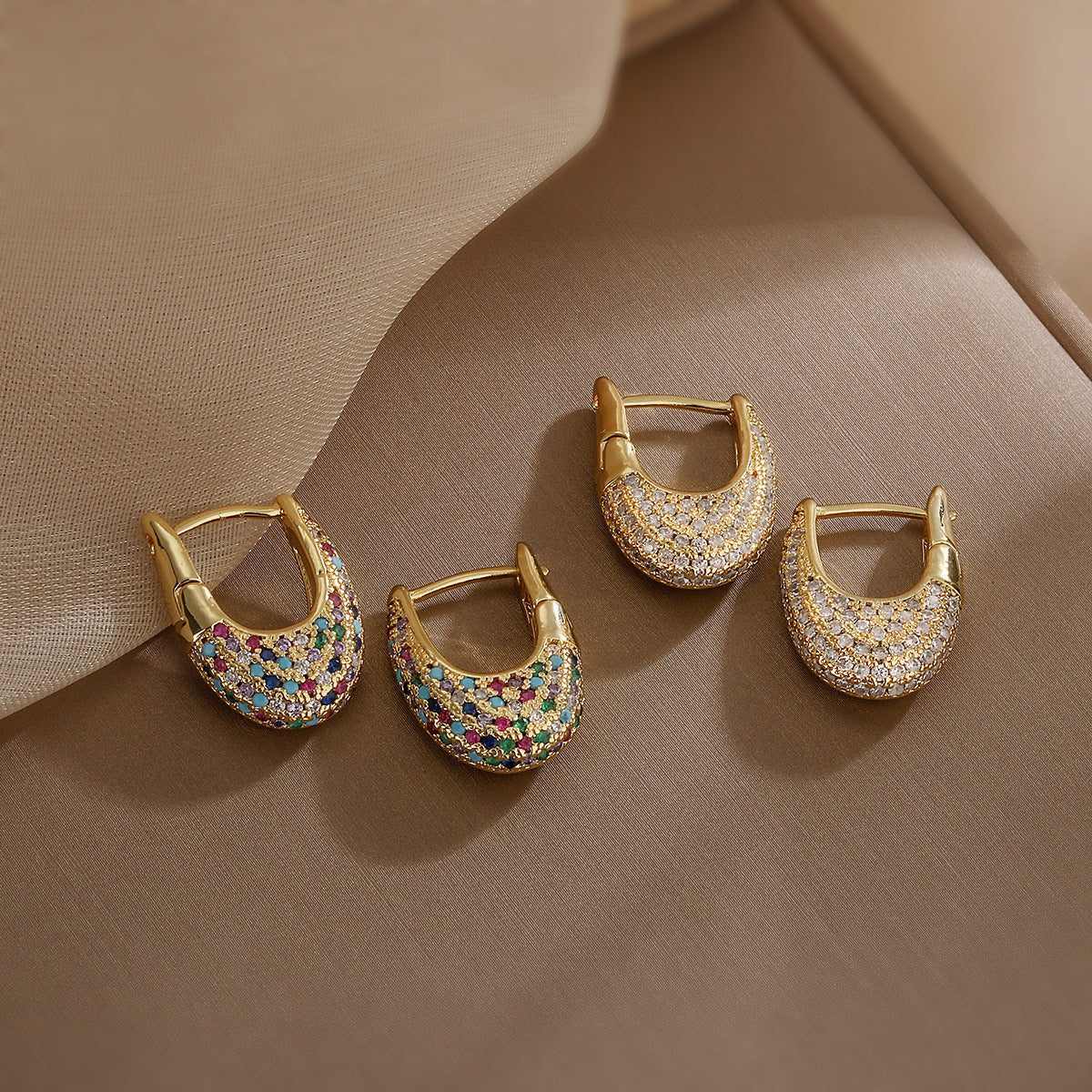 Minimalist Geometric U-Shaped Earrings for Women with Copper Base Plated in 18K Gold and Zircon Inlay